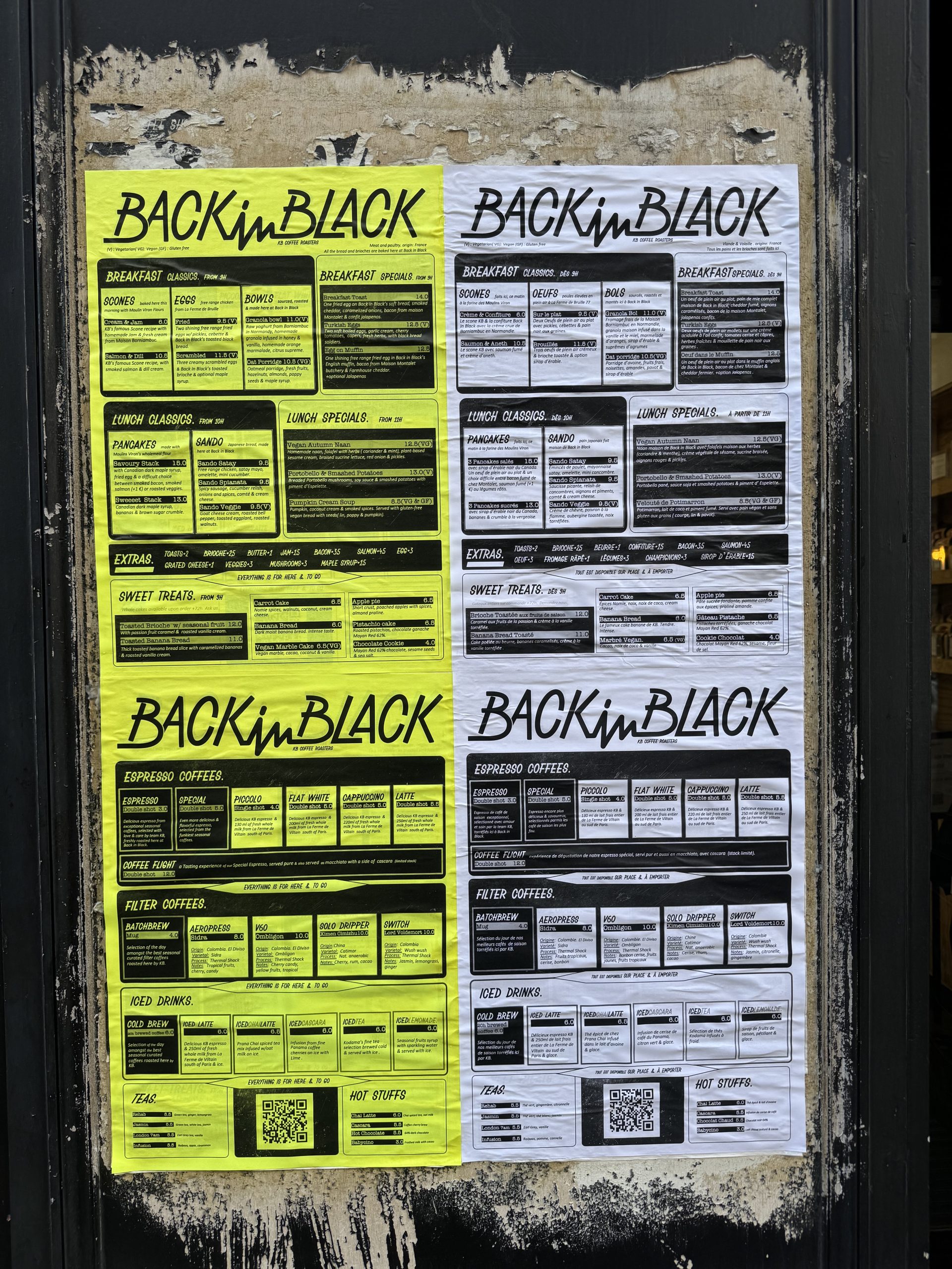 Updated Menu Of Back in Black Coffee 25 rue Amelot in Paris 75011 FRANCE 